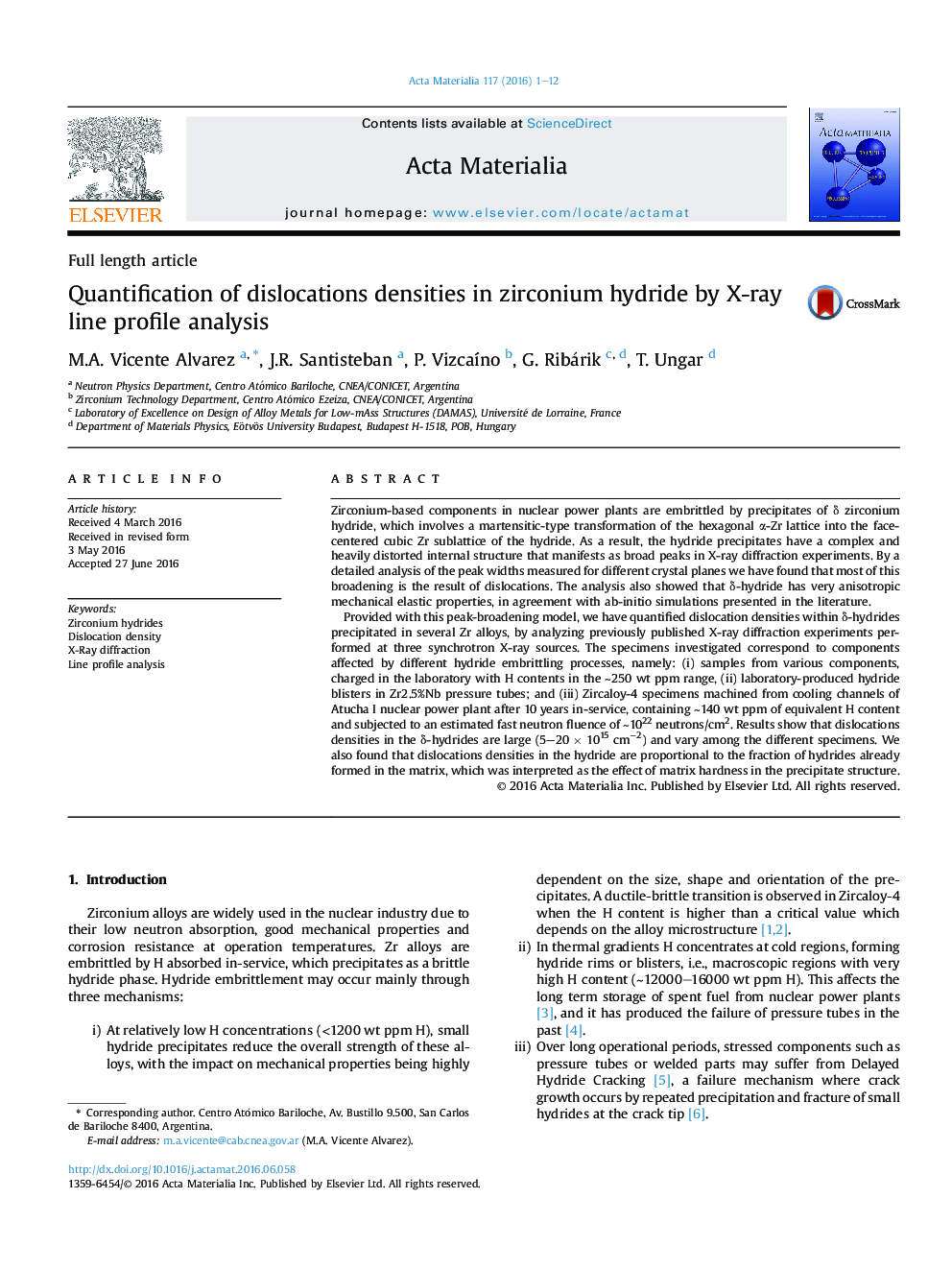 Quantification of dislocations densities in zirconium hydride by X-ray line profile analysis