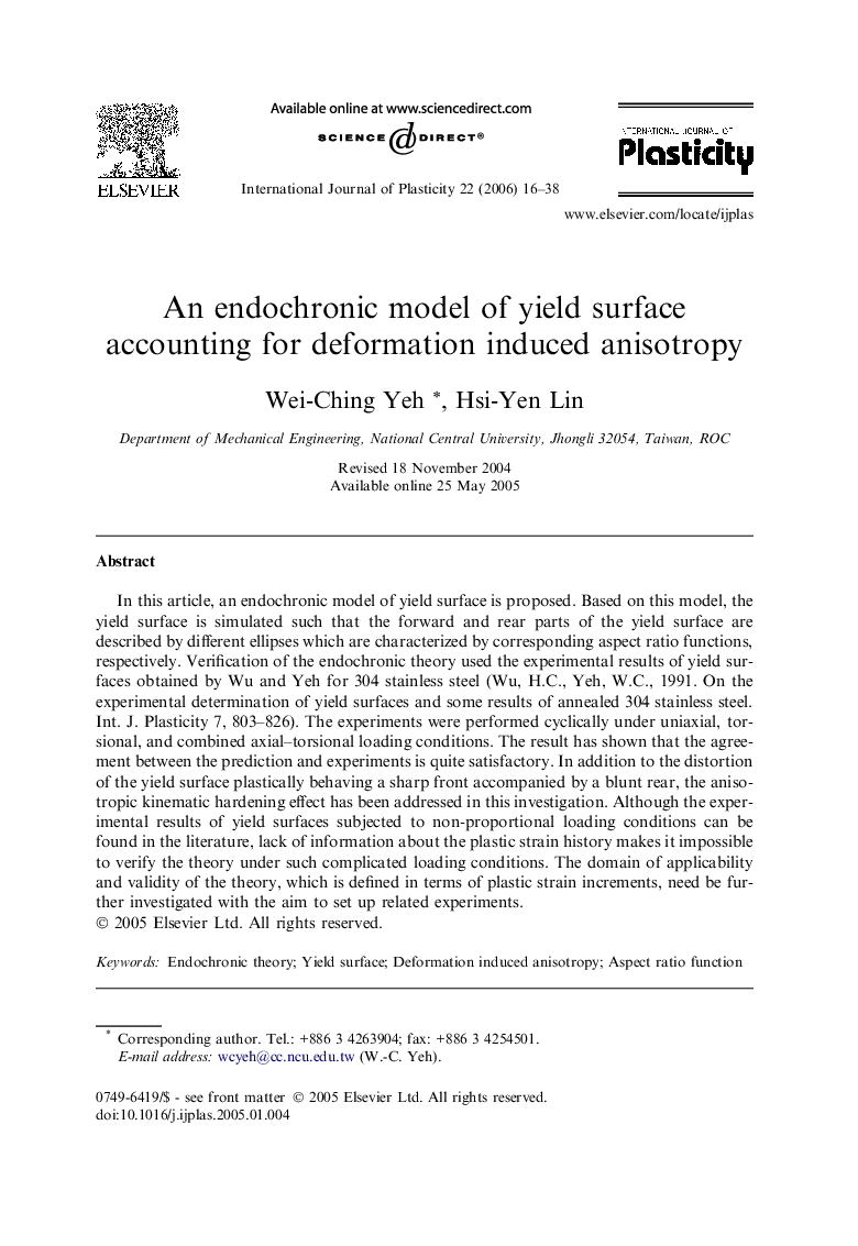 An endochronic model of yield surface accounting for deformation induced anisotropy