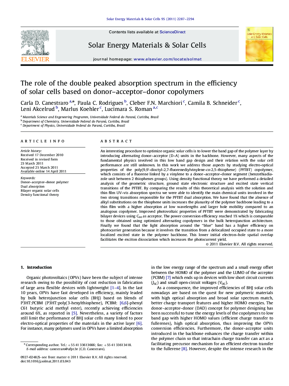 The role of the double peaked absorption spectrum in the efficiency of solar cells based on donor–acceptor–donor copolymers