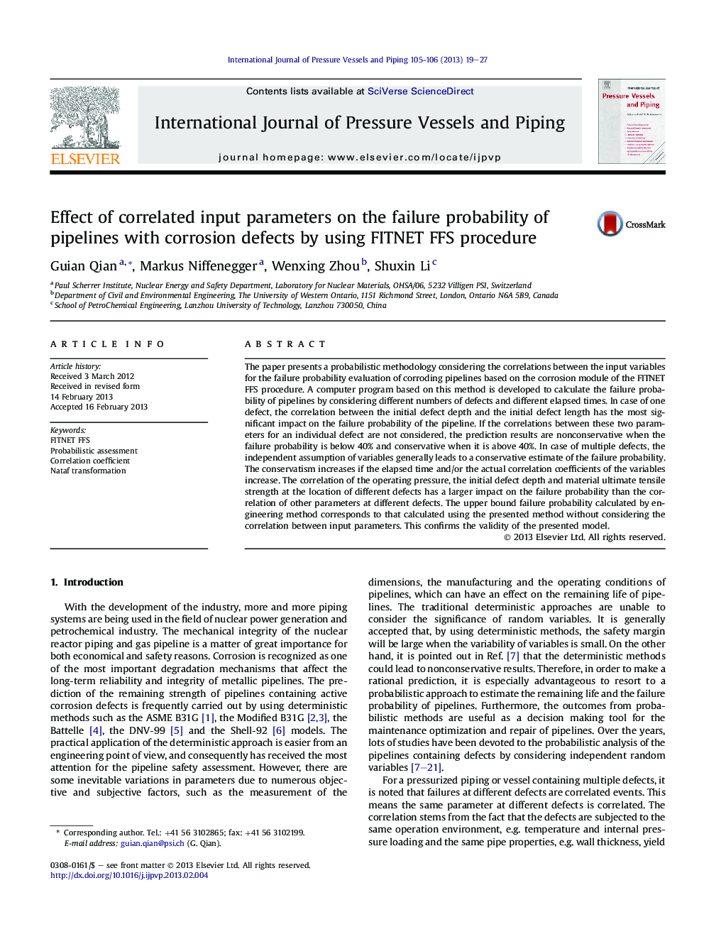 Effect of correlated input parameters on the failure probability of pipelines with corrosion defects by using FITNET FFS procedure