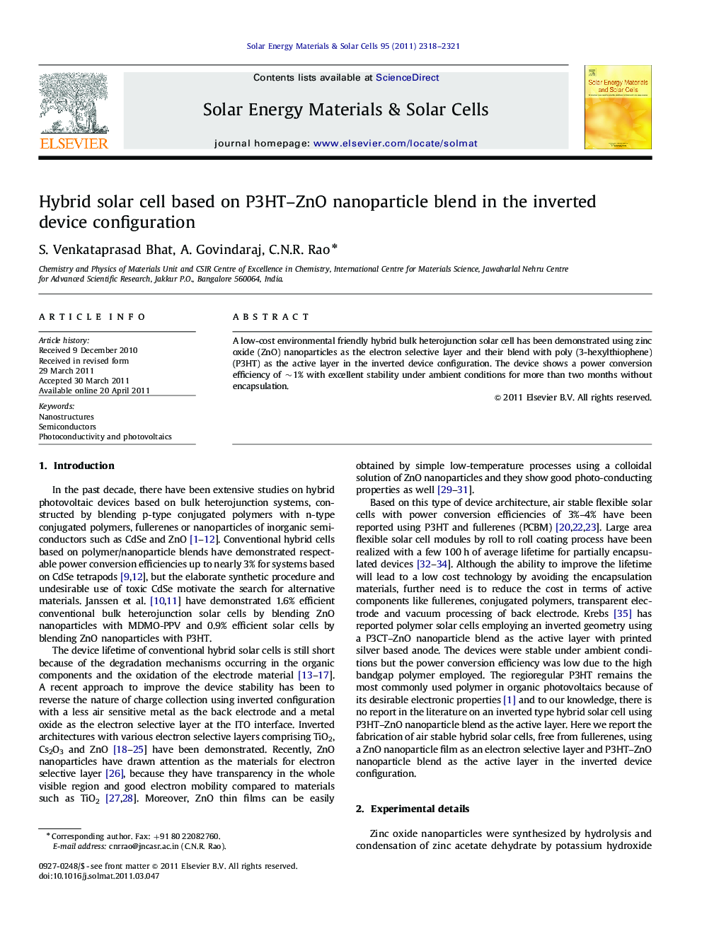 Hybrid solar cell based on P3HT–ZnO nanoparticle blend in the inverted device configuration