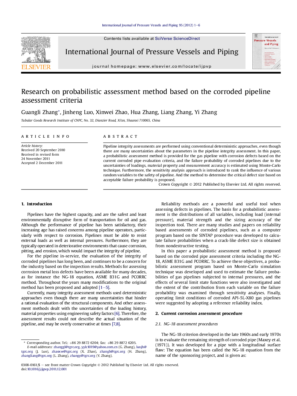 Research on probabilistic assessment method based on the corroded pipeline assessment criteria