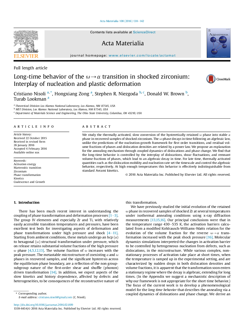 عکس صفحه اول مقاله: Long-time behavior of the Ïâα transition in shocked zirconium: Interplay of nucleation and plastic deformation Long-time behavior of the Ïâα transition in shocked zirconium: Interplay of nucleation and plastic deformation