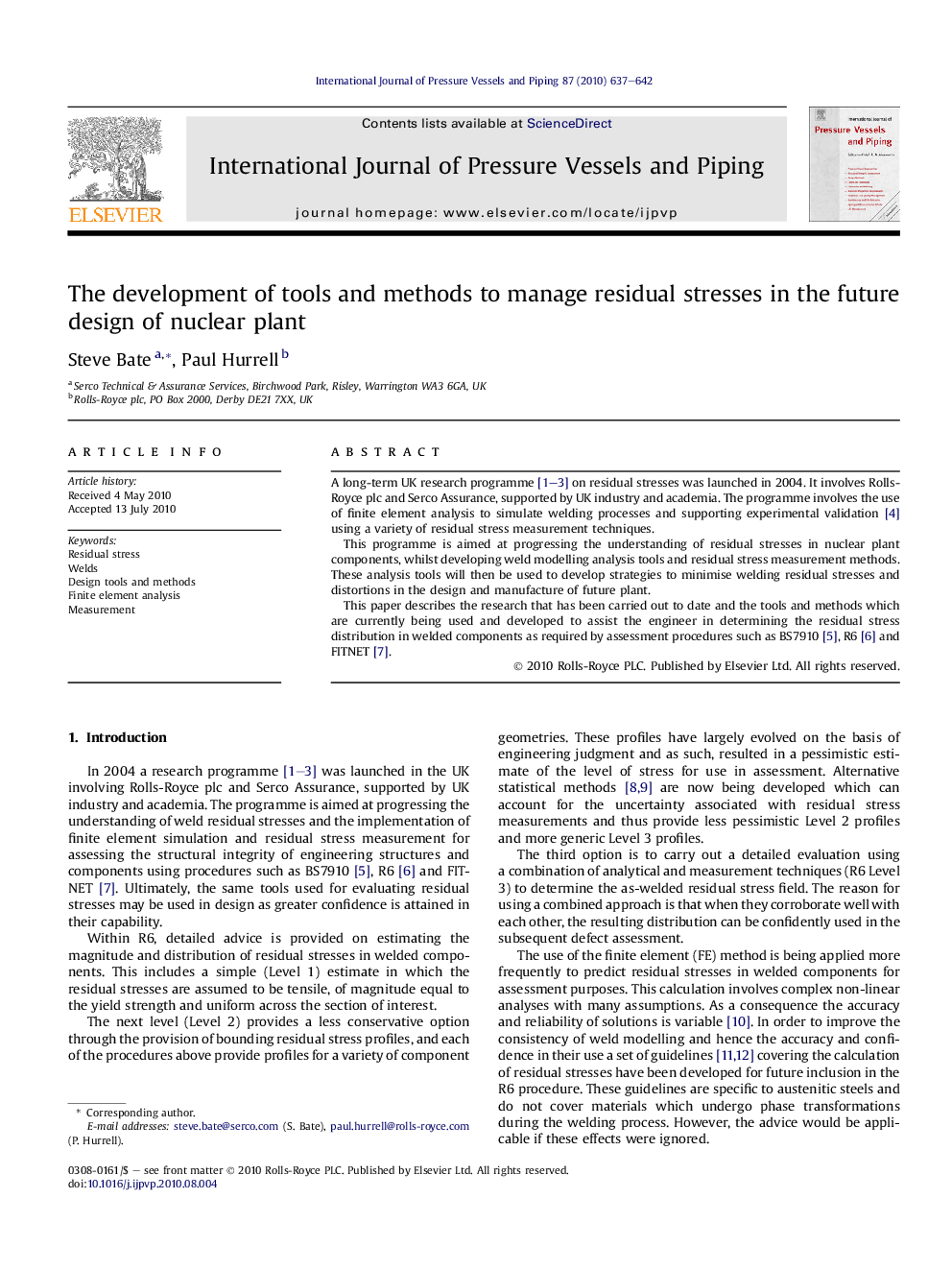 The development of tools and methods to manage residual stresses in the future design of nuclear plant