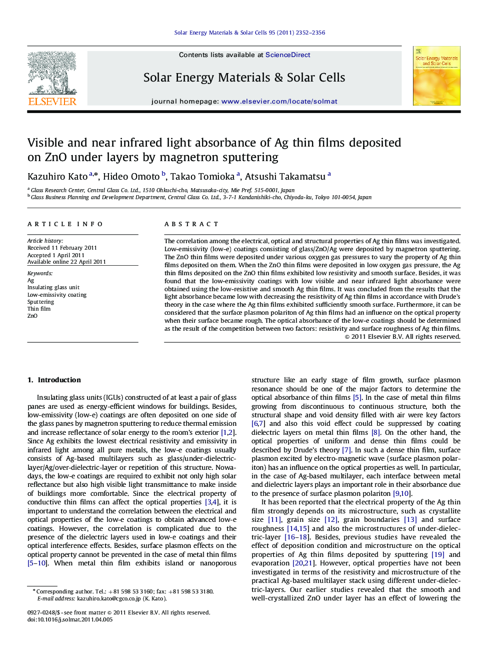 Visible and near infrared light absorbance of Ag thin films deposited on ZnO under layers by magnetron sputtering