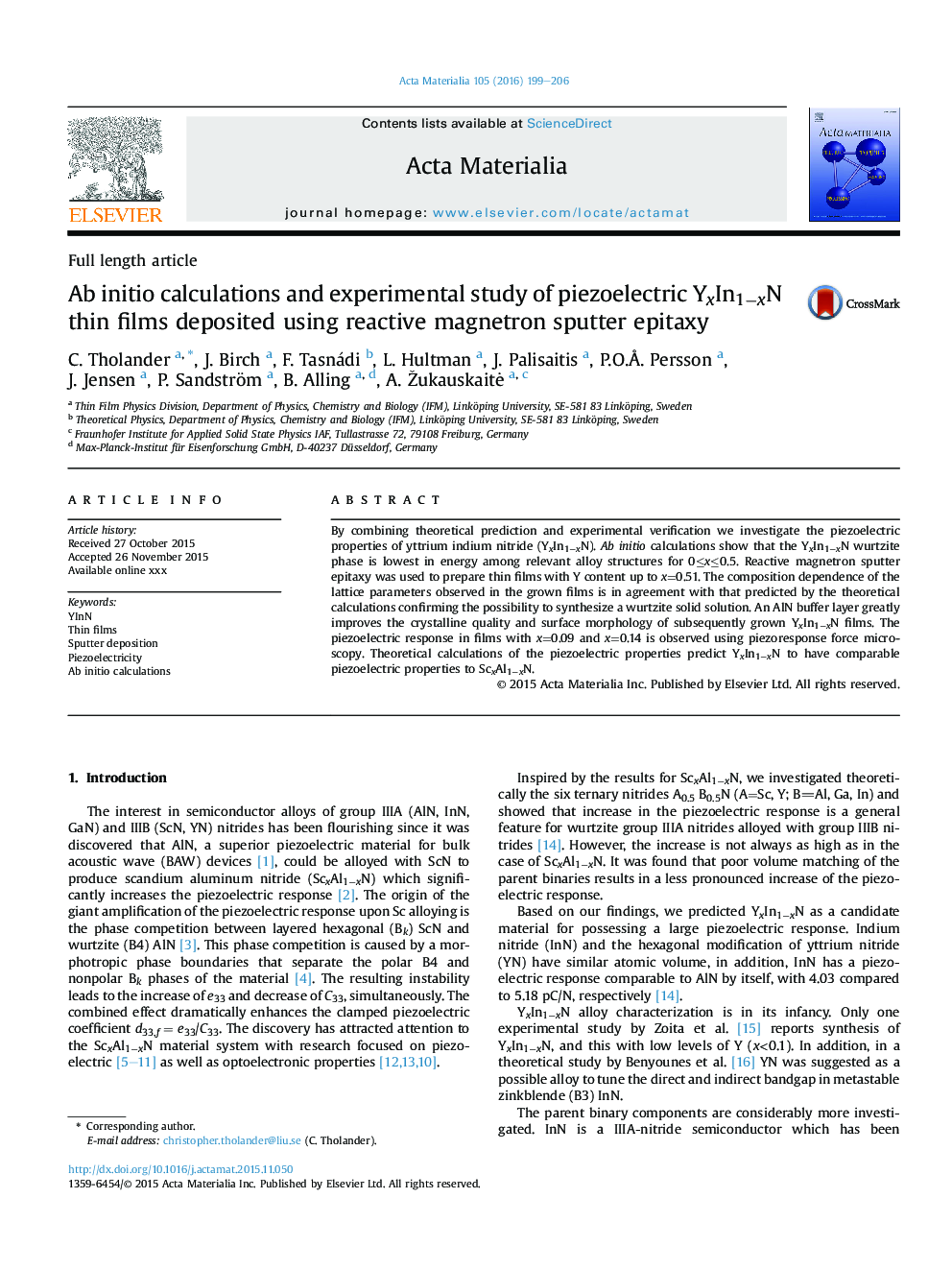 Ab initio calculations and experimental study of piezoelectric YxIn1âxN thin films deposited using reactive magnetron sputter epitaxy