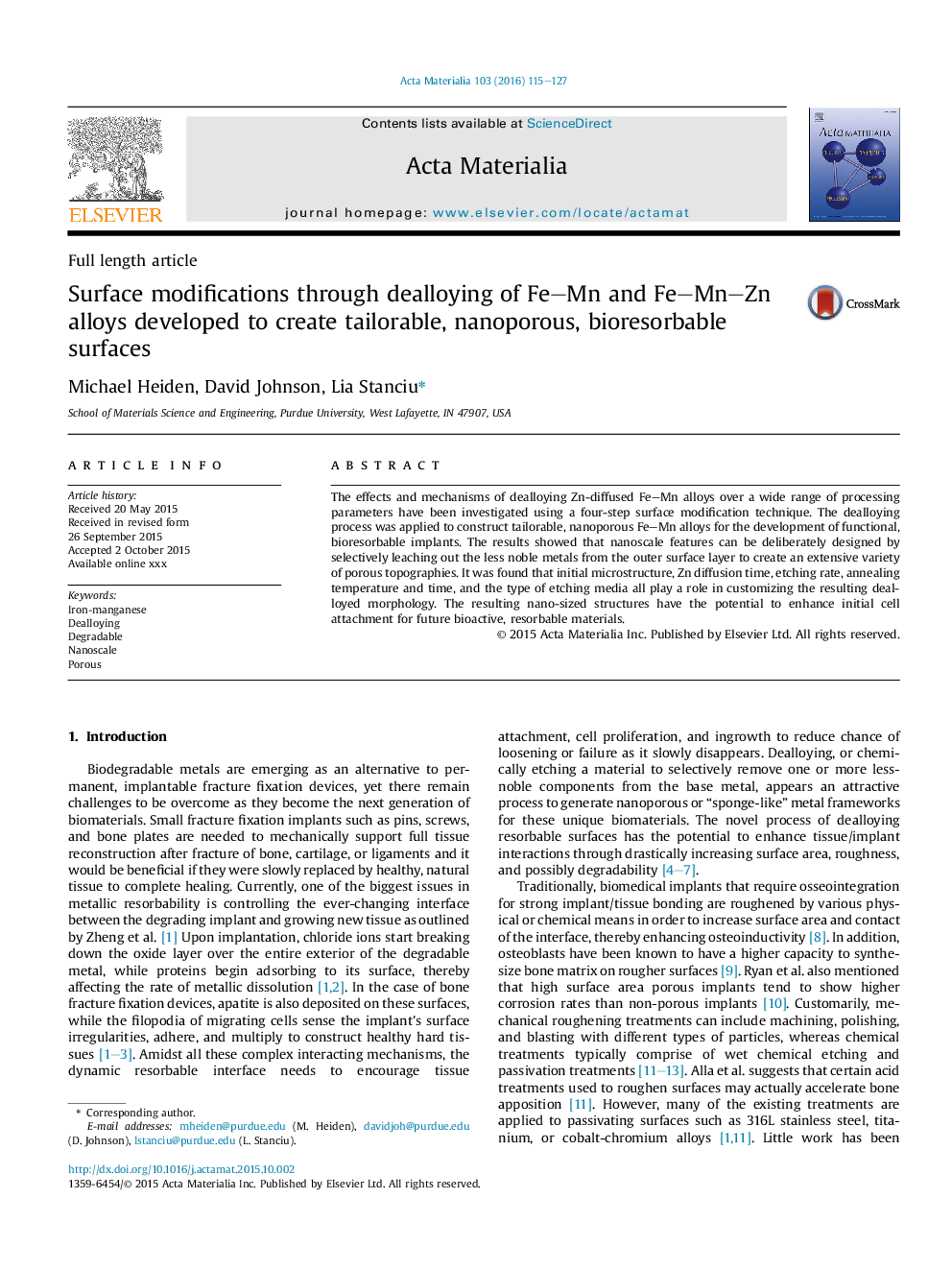 عکس صفحه اول مقاله: Surface modifications through dealloying of Fe-Mn and Fe-Mn-Zn alloys developed to create tailorable, nanoporous, bioresorbable surfaces Surface modifications through dealloying of Fe-Mn and Fe-Mn-Zn alloys developed to create tailorable, nanoporous, bioresorbable surfaces