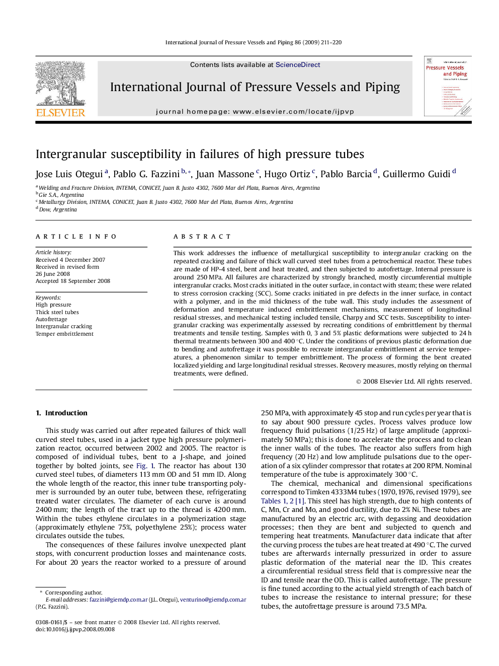 Intergranular susceptibility in failures of high pressure tubes