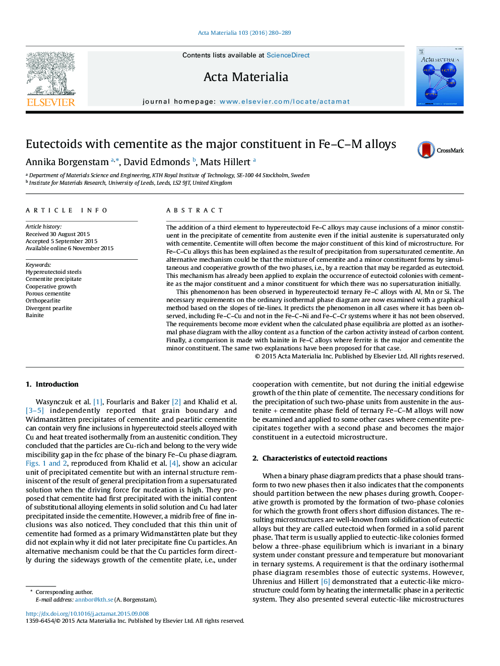 Eutectoids with cementite as the major constituent in Fe-C-M alloys