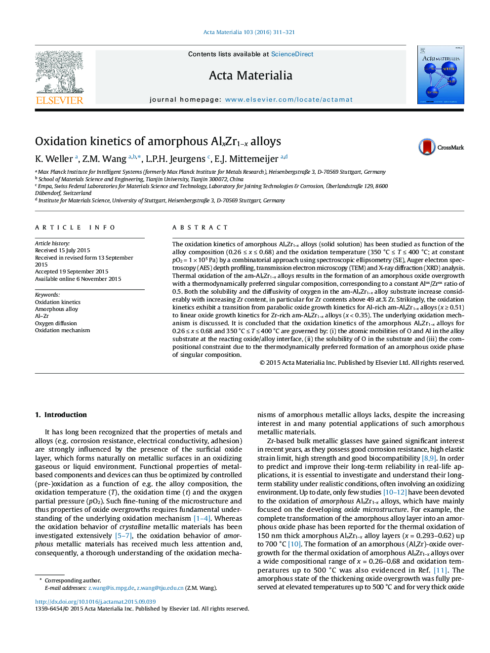 Oxidation kinetics of amorphous AlxZr1âx alloys