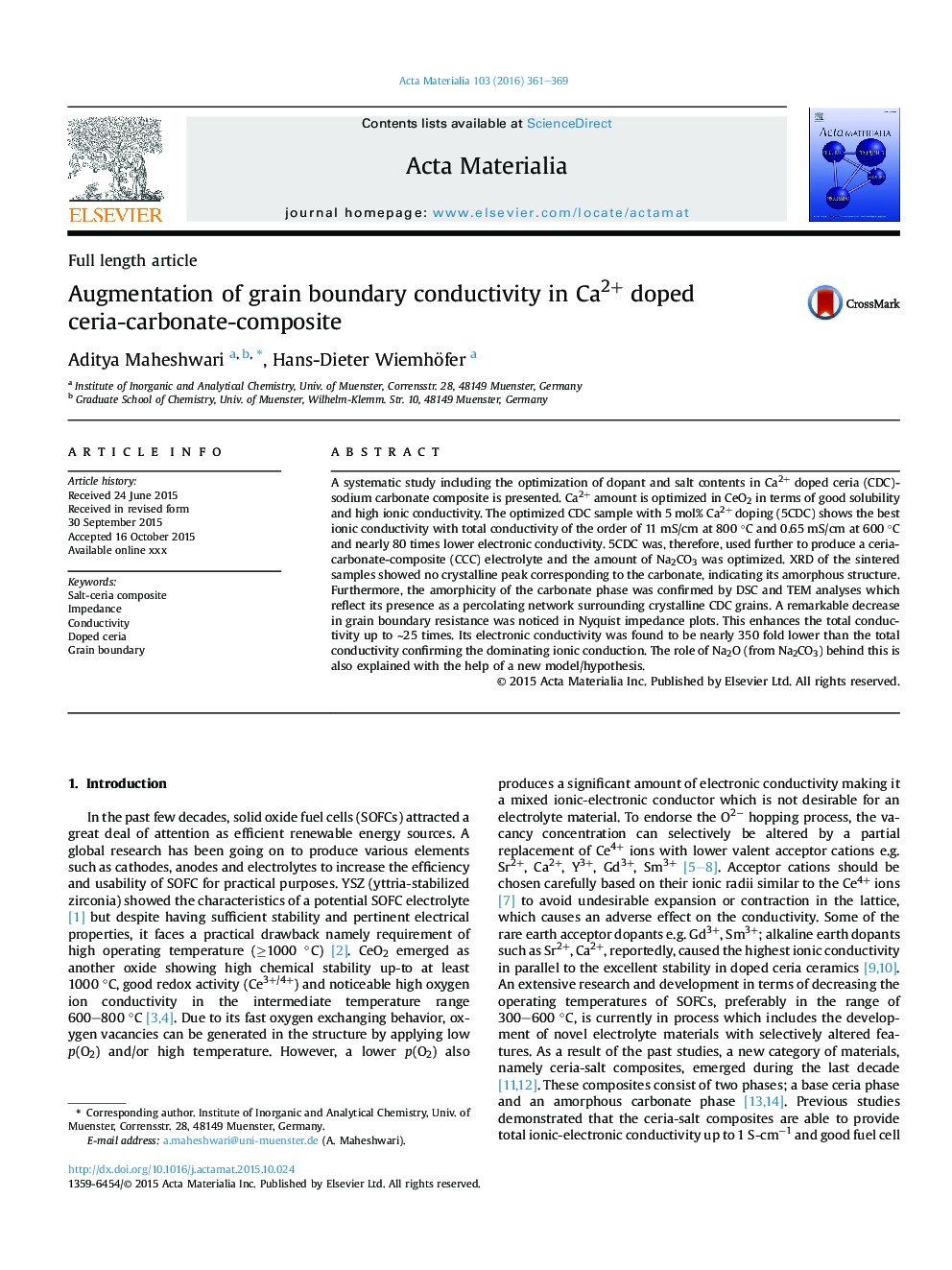 Augmentation of grain boundary conductivity in Ca2+ doped ceria-carbonate-composite