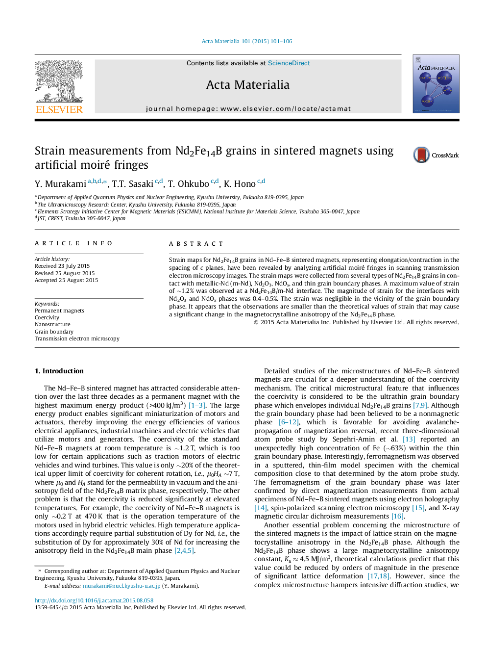 عکس صفحه اول مقاله: Strain measurements from Nd2Fe14B grains in sintered magnets using artificial moiré fringes Strain measurements from Nd2Fe14B grains in sintered magnets using artificial moiré fringes
