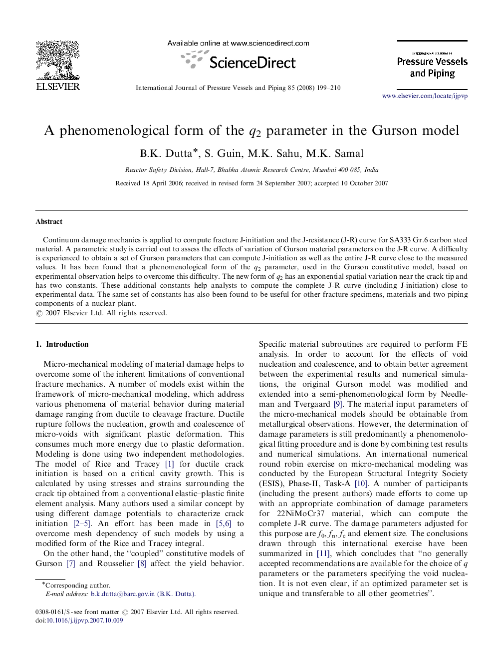 عکس صفحه اول مقاله: A phenomenological form of the q2 parameter in the Gurson model A phenomenological form of the q2 parameter in the Gurson model