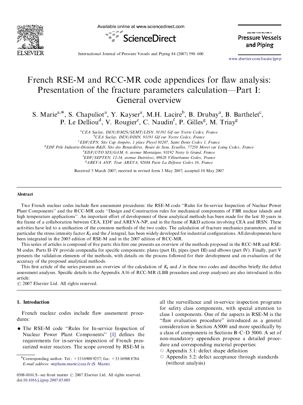 عکس صفحه اول مقاله: French RSE-M and RCC-MR code appendices for flaw analysis: Presentation of the fracture parameters calculation—Part I: General overview French RSE-M and RCC-MR code appendices for flaw analysis: Presentation of the fracture parameters calculation—Part I: General overview