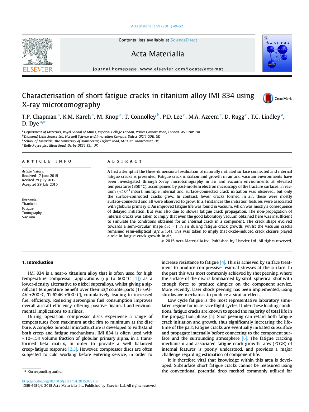 Characterisation of short fatigue cracks in titanium alloy IMI 834 using X-ray microtomography