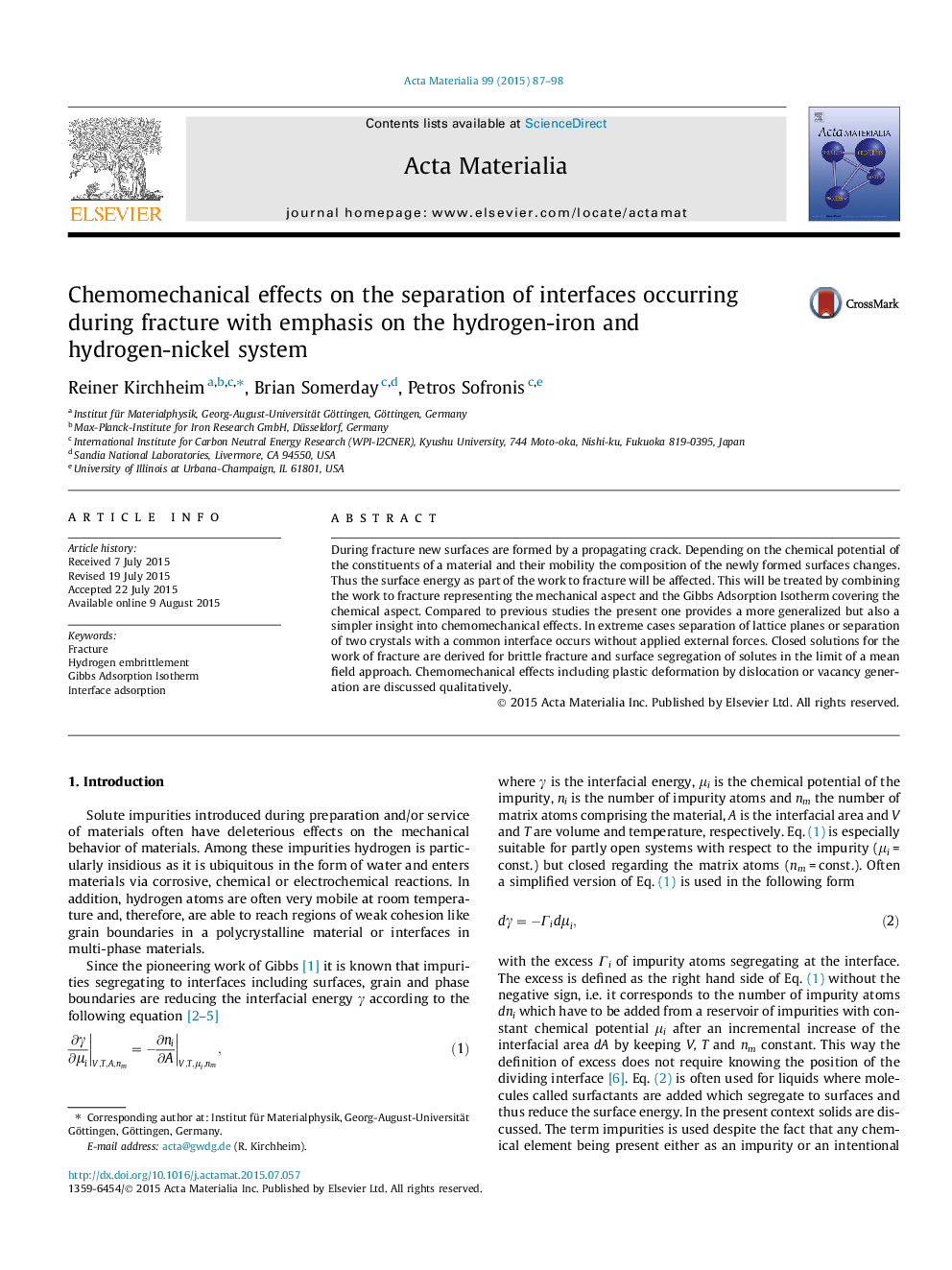 Chemomechanical effects on the separation of interfaces occurring during fracture with emphasis on the hydrogen-iron and hydrogen-nickel system