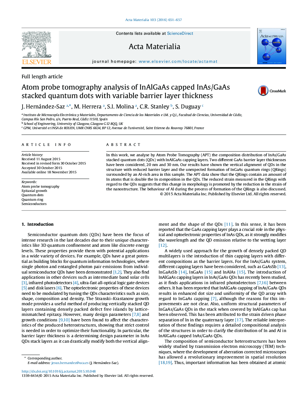 Atom probe tomography analysis of InAlGaAs capped InAs/GaAs stacked quantum dots with variable barrier layer thickness