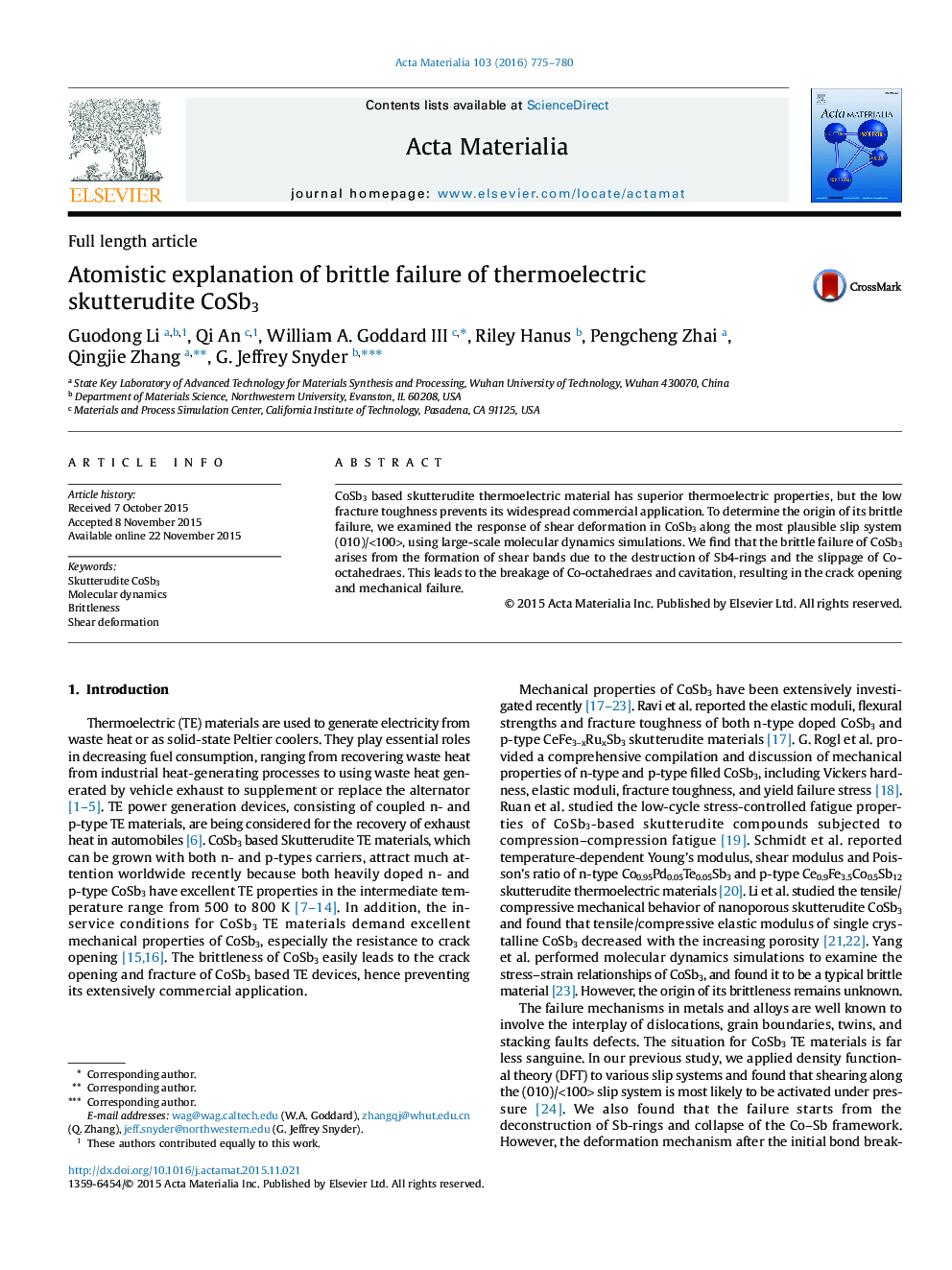 Atomistic explanation of brittle failure of thermoelectric skutterudite CoSb3