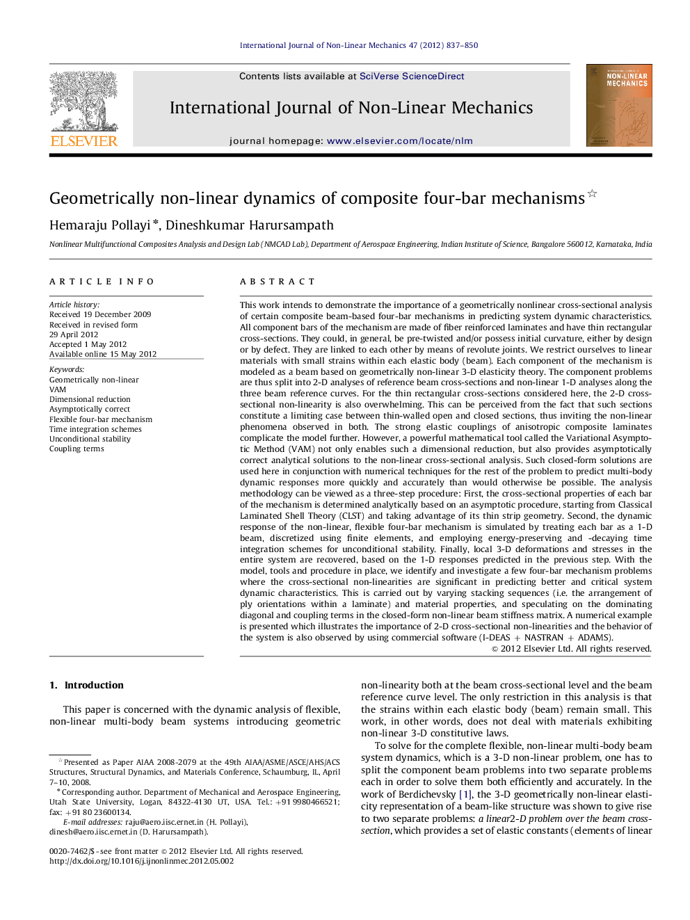 Geometrically non-linear dynamics of composite four-bar mechanisms 