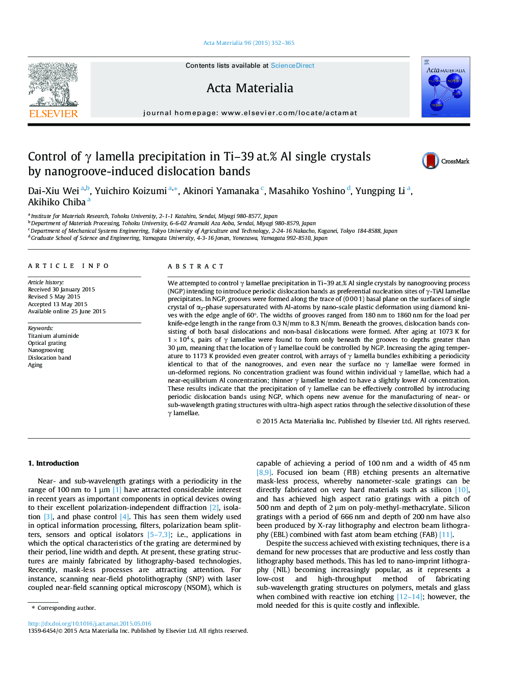 Control of Î³ lamella precipitation in Ti-39Â at.% Al single crystals by nanogroove-induced dislocation bands