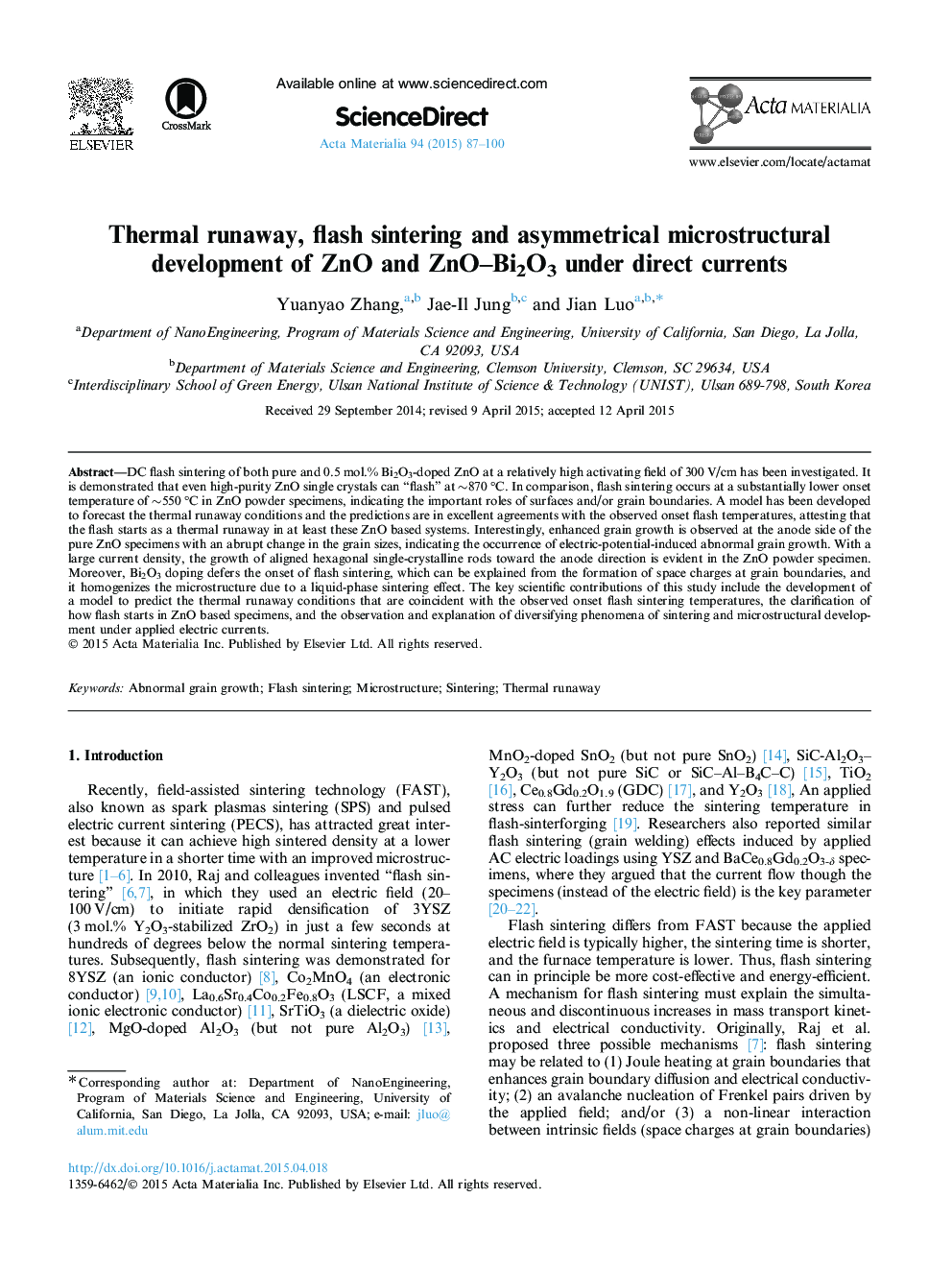 Thermal runaway, flash sintering and asymmetrical microstructural development of ZnO and ZnO-Bi2O3 under direct currents