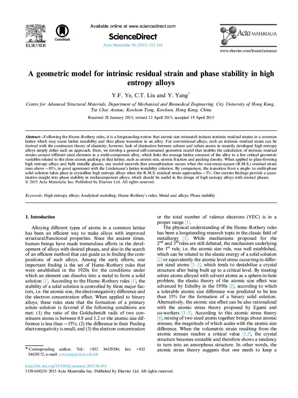 A geometric model for intrinsic residual strain and phase stability in high entropy alloys