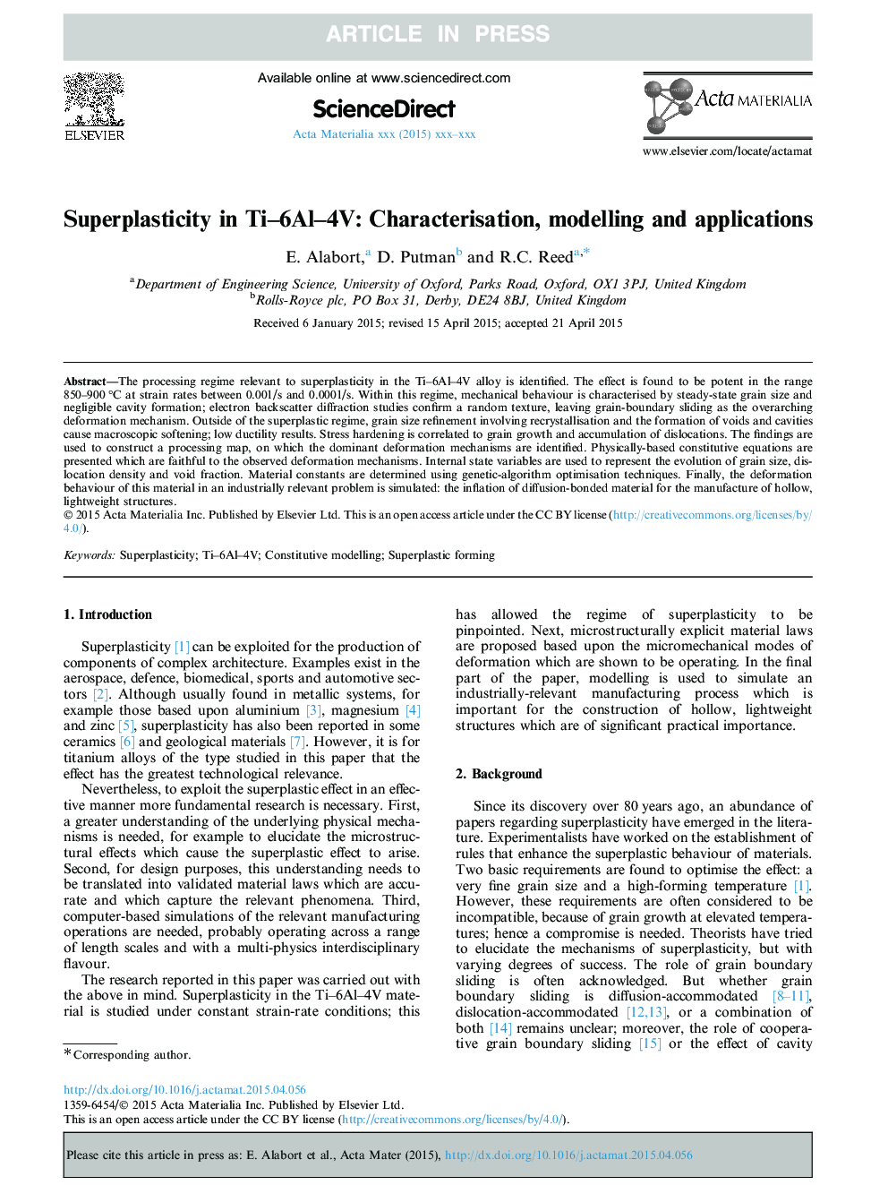 Superplasticity in Ti-6Al-4V: Characterisation, modelling and applications