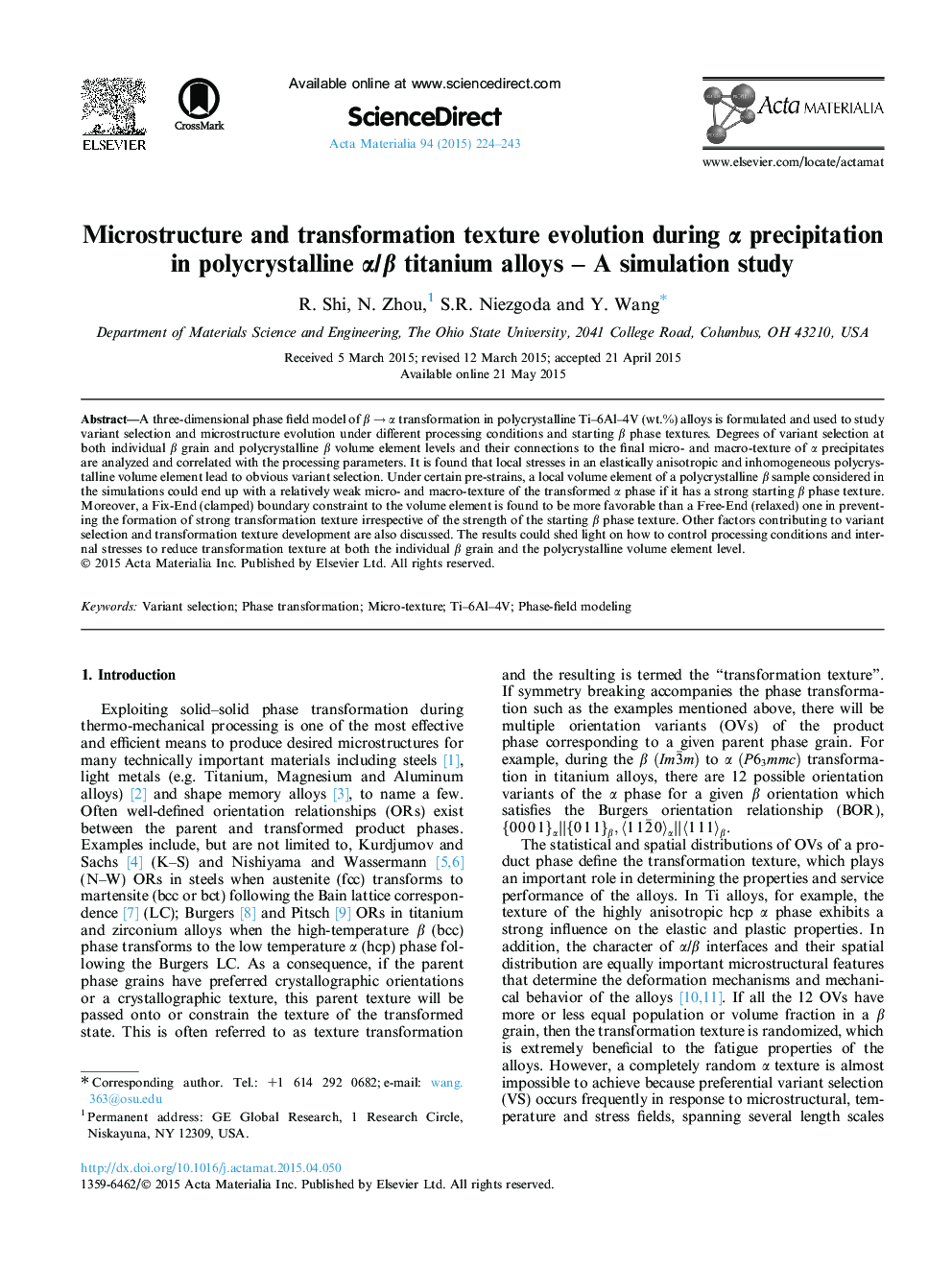 Microstructure and transformation texture evolution during Î± precipitation in polycrystalline Î±/Î² titanium alloys - A simulation study