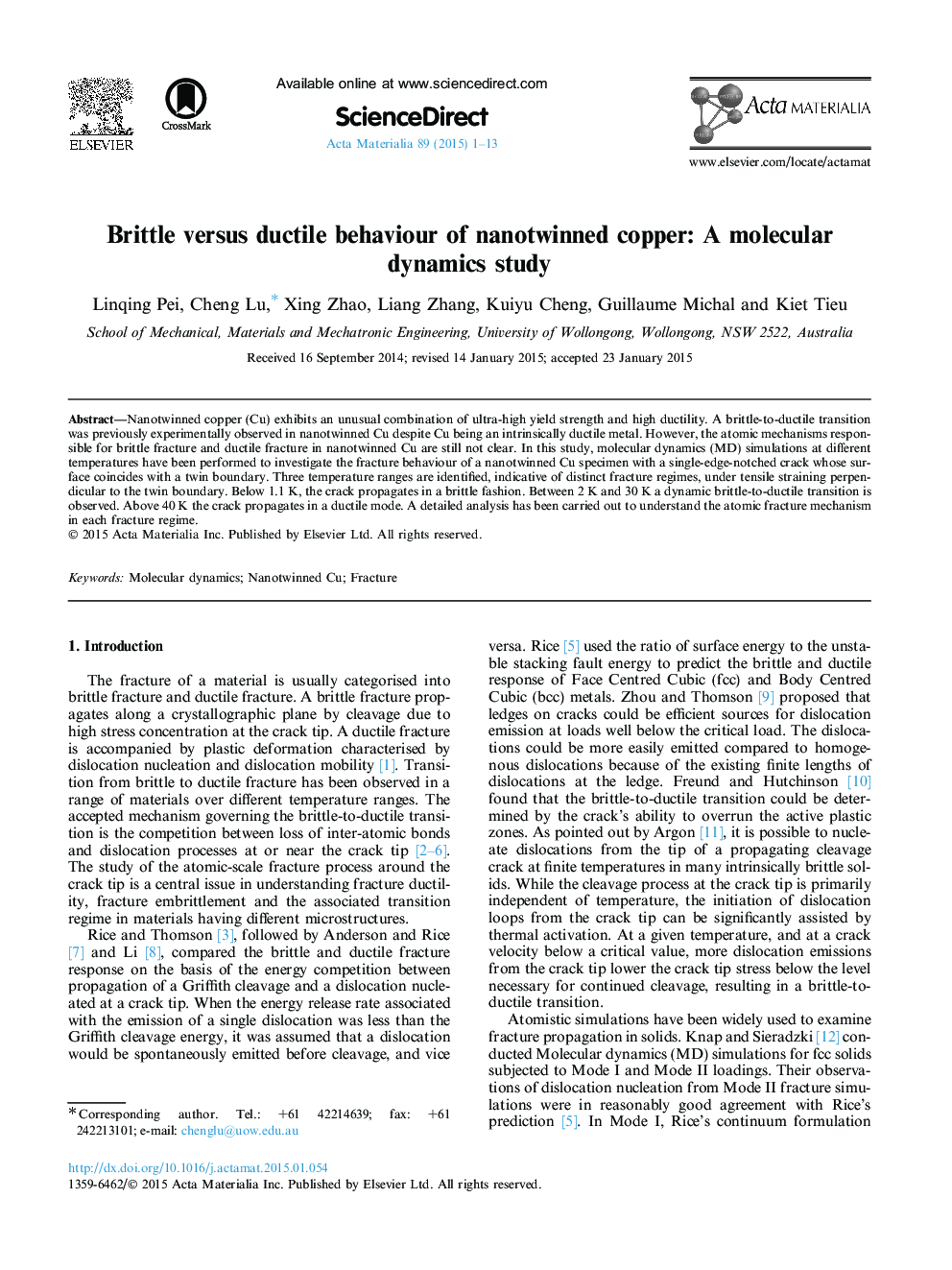 Brittle versus ductile behaviour of nanotwinned copper: A molecular dynamics study