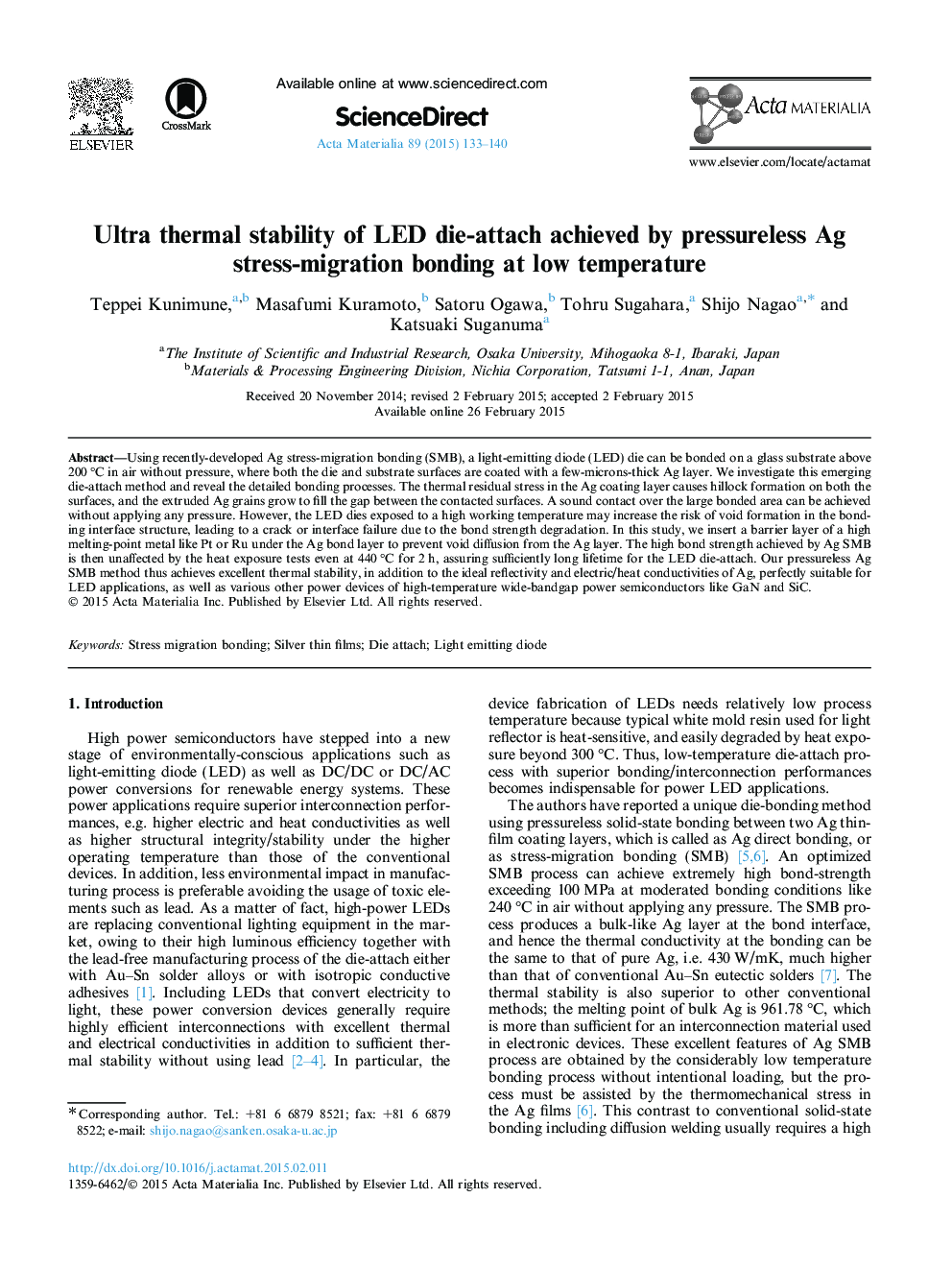 Ultra thermal stability of LED die-attach achieved by pressureless Ag stress-migration bonding at low temperature