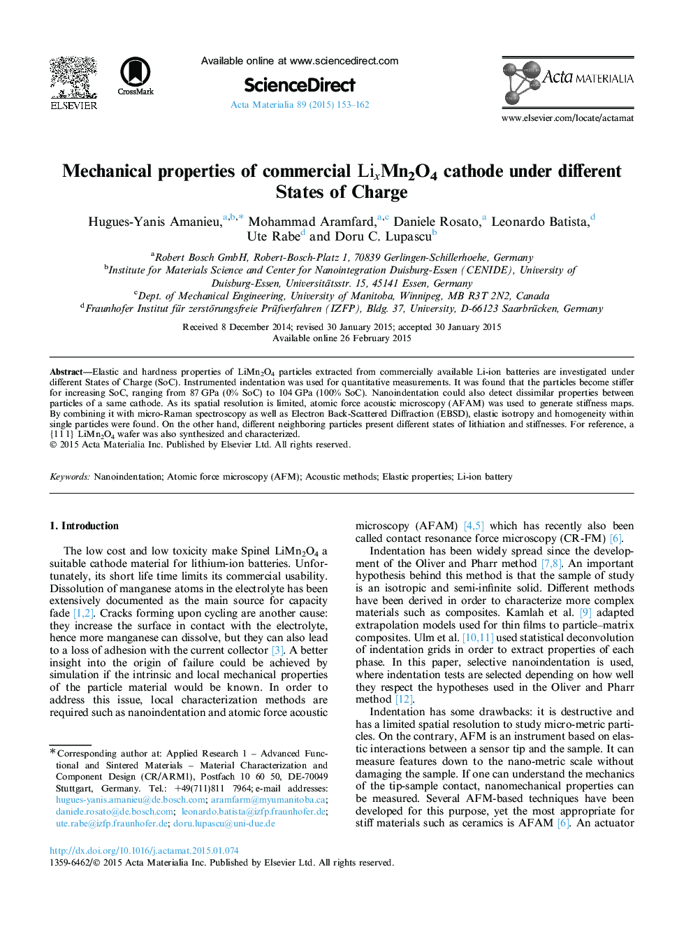 Mechanical properties of commercial LixMn2O4 cathode under different States of Charge