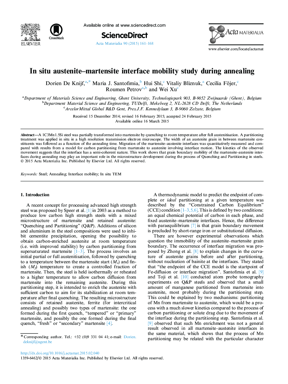 In situ austenite-martensite interface mobility study during annealing