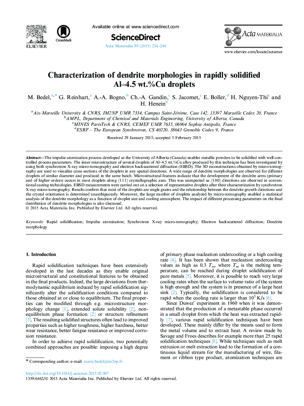 Characterization of dendrite morphologies in rapidly solidified Al-4.5Â wt.%Cu droplets