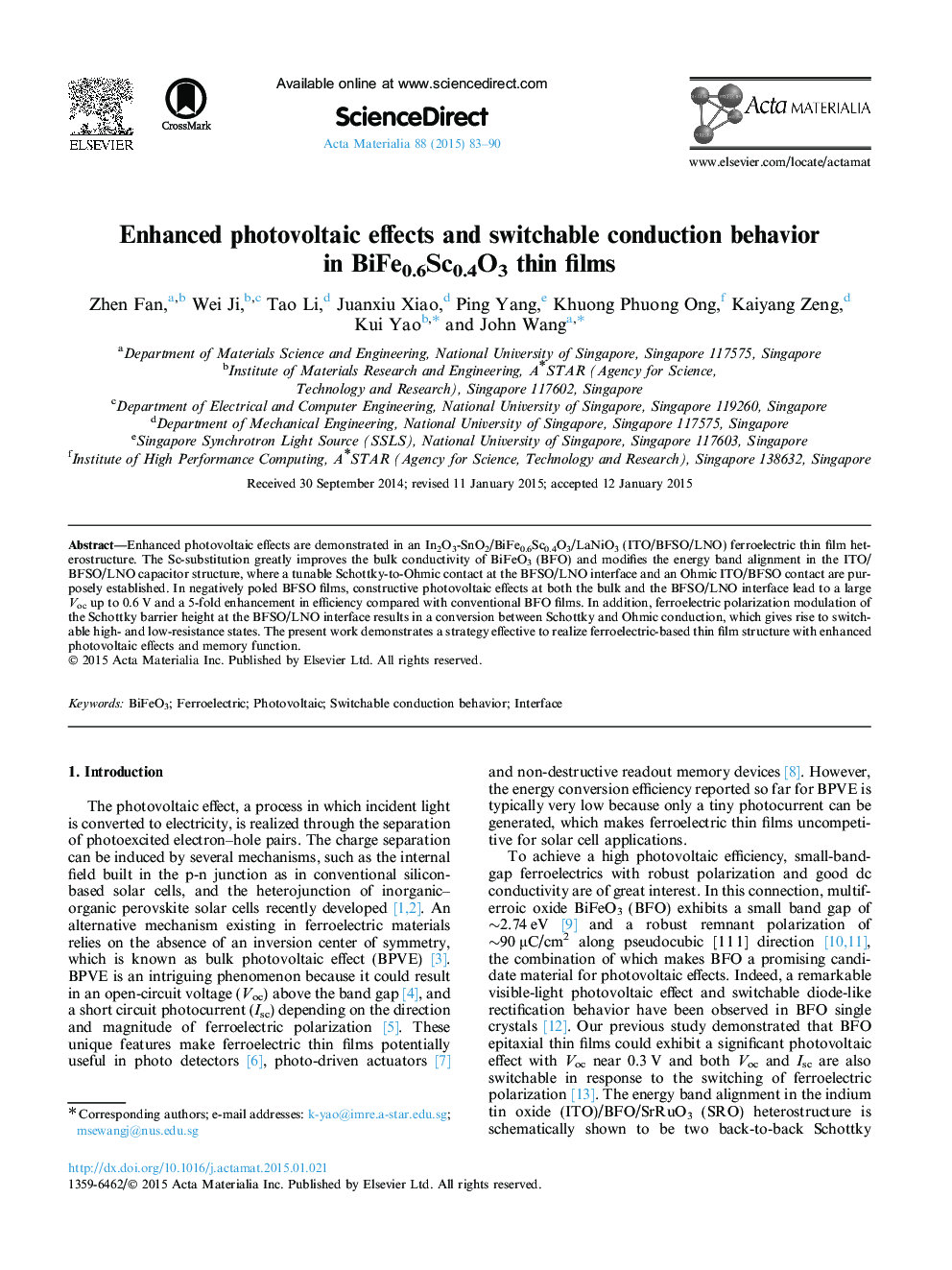 عکس صفحه اول مقاله: Enhanced photovoltaic effects and switchable conduction behavior in BiFe0.6Sc0.4O3 thin films Enhanced photovoltaic effects and switchable conduction behavior in BiFe0.6Sc0.4O3 thin films