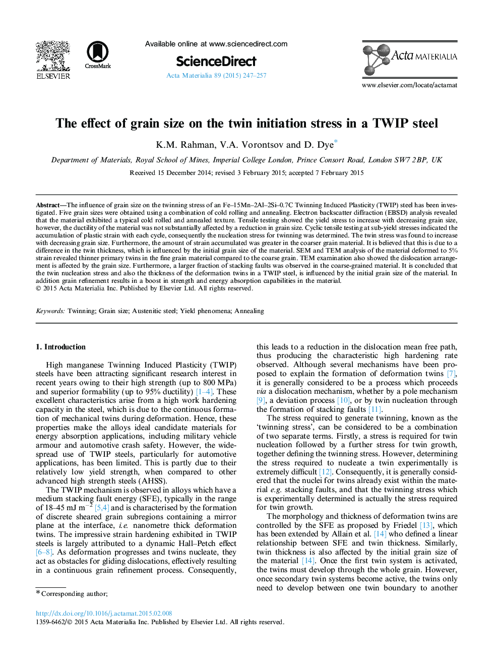 The effect of grain size on the twin initiation stress in a TWIP steel