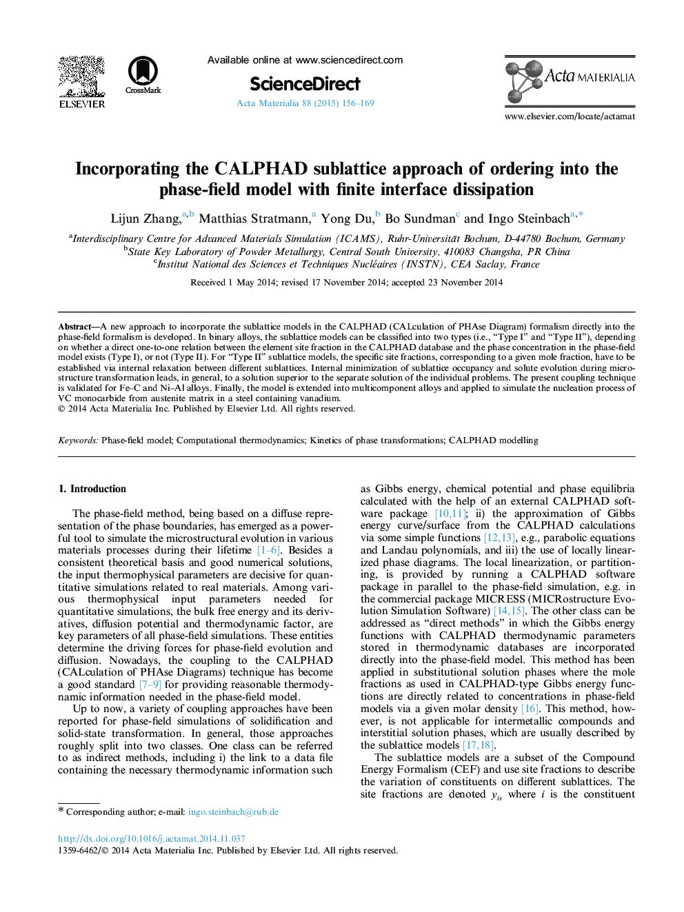 عکس صفحه اول مقاله: Incorporating the CALPHAD sublattice approach of ordering into the phase-field model with finite interface dissipation Incorporating the CALPHAD sublattice approach of ordering into the phase-field model with finite interface dissipation