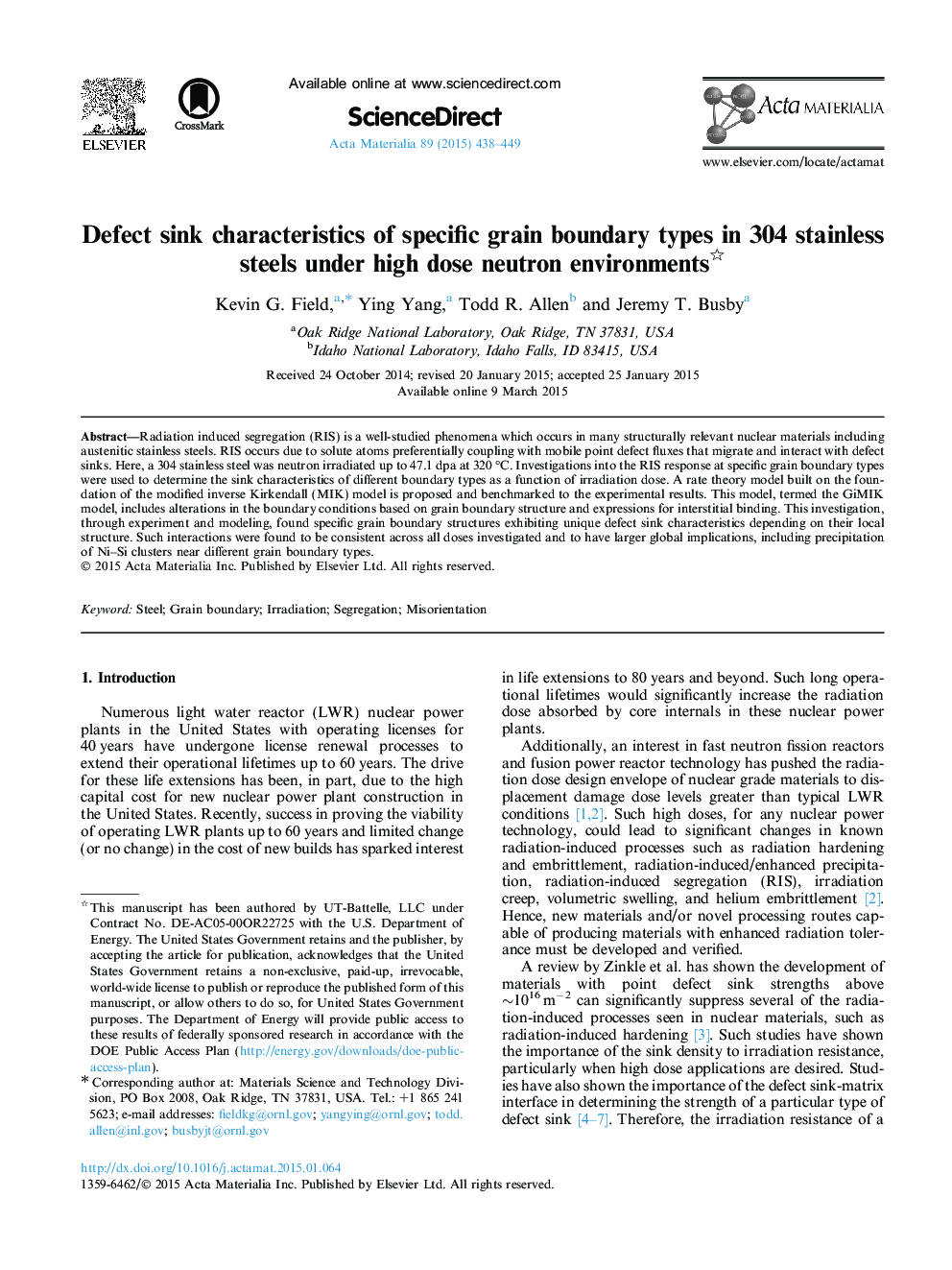 Defect sink characteristics of specific grain boundary types in 304 stainless steels under high dose neutron environments