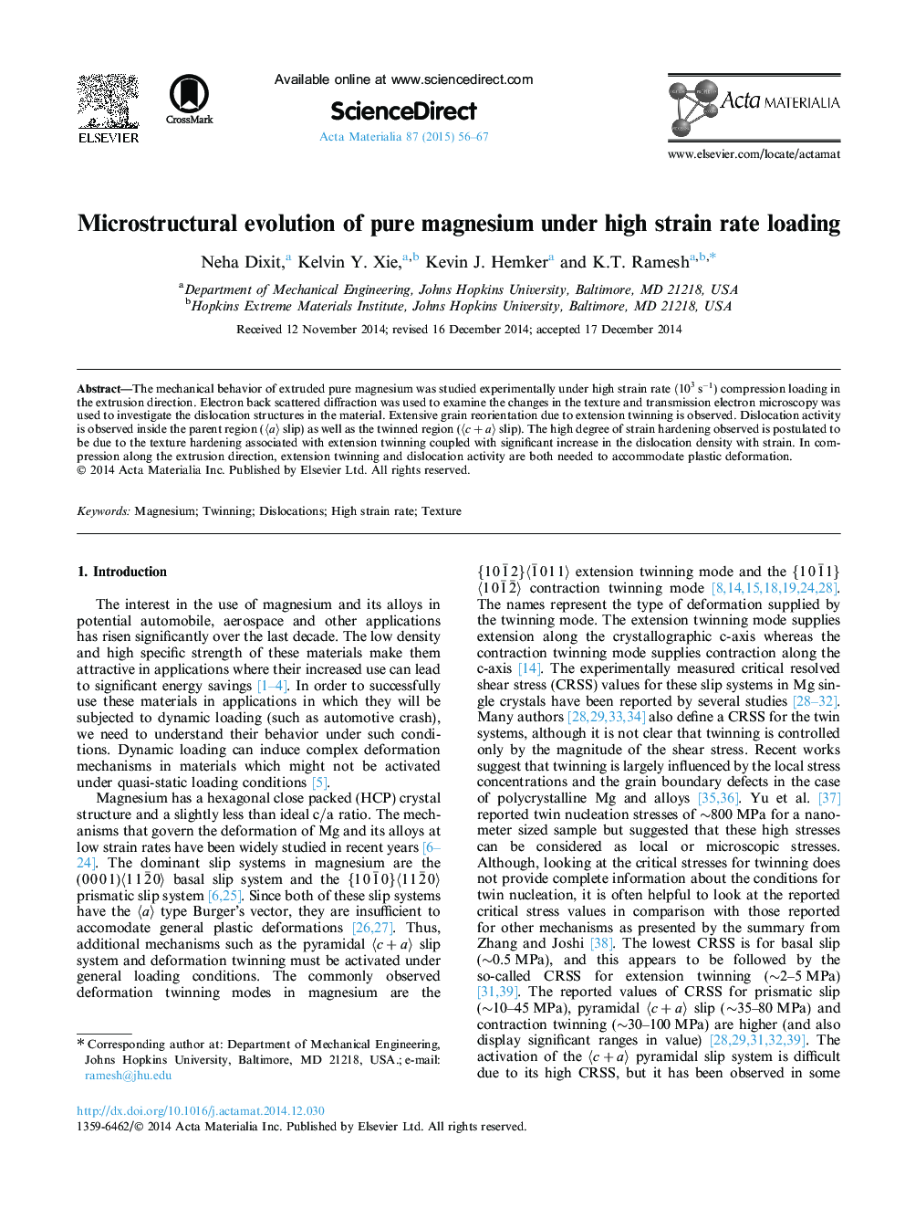 Microstructural evolution of pure magnesium under high strain rate loading