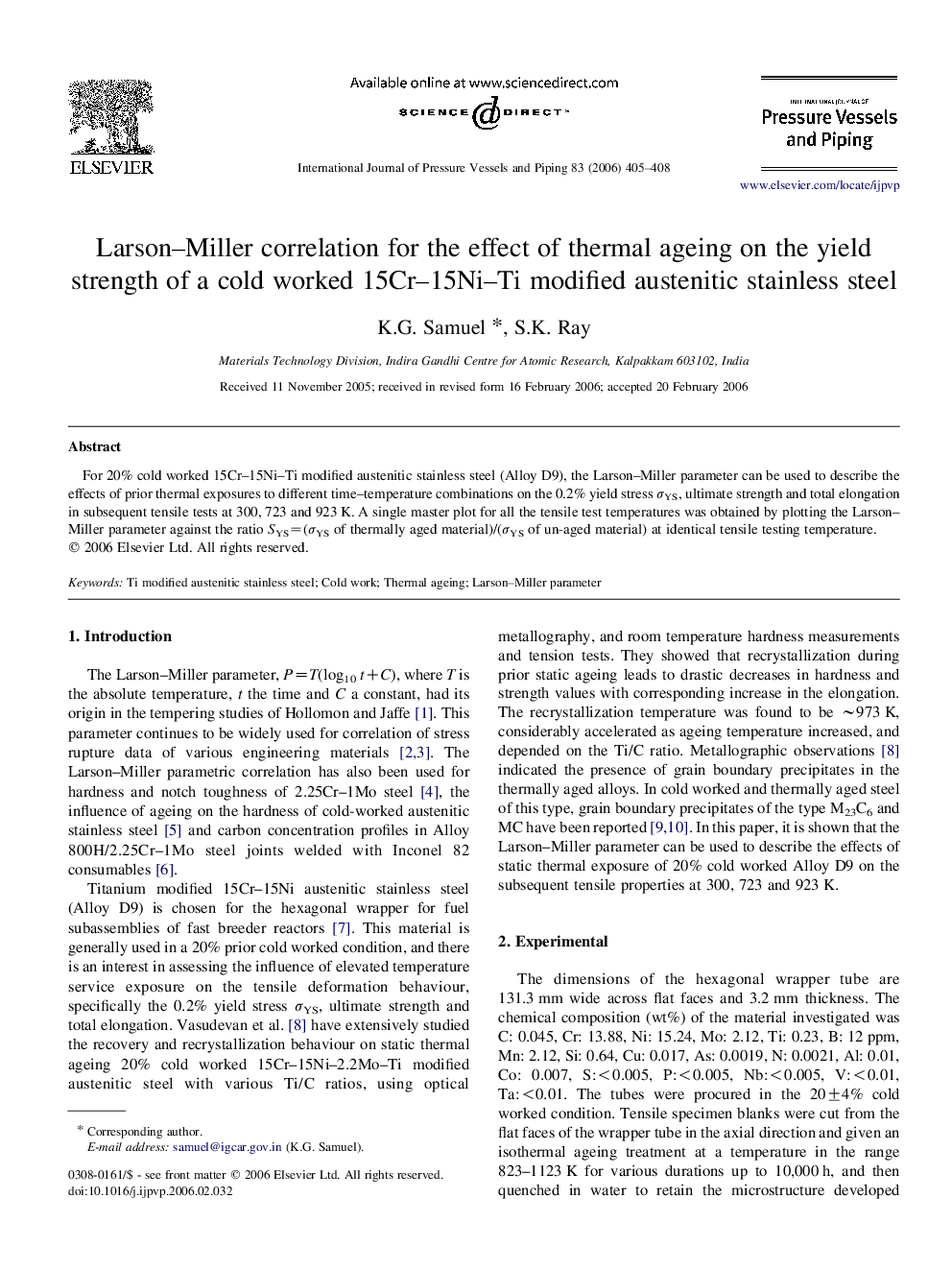 Larson–Miller correlation for the effect of thermal ageing on the yield strength of a cold worked 15Cr–15Ni–Ti modified austenitic stainless steel