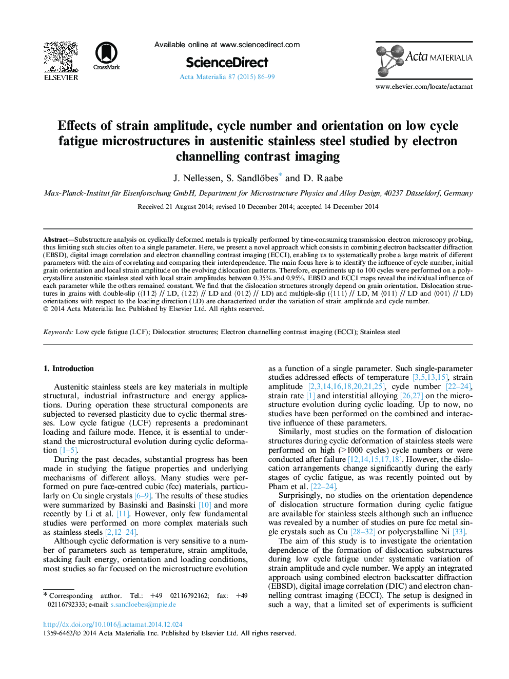 Effects of strain amplitude, cycle number and orientation on low cycle fatigue microstructures in austenitic stainless steel studied by electron channelling contrast imaging