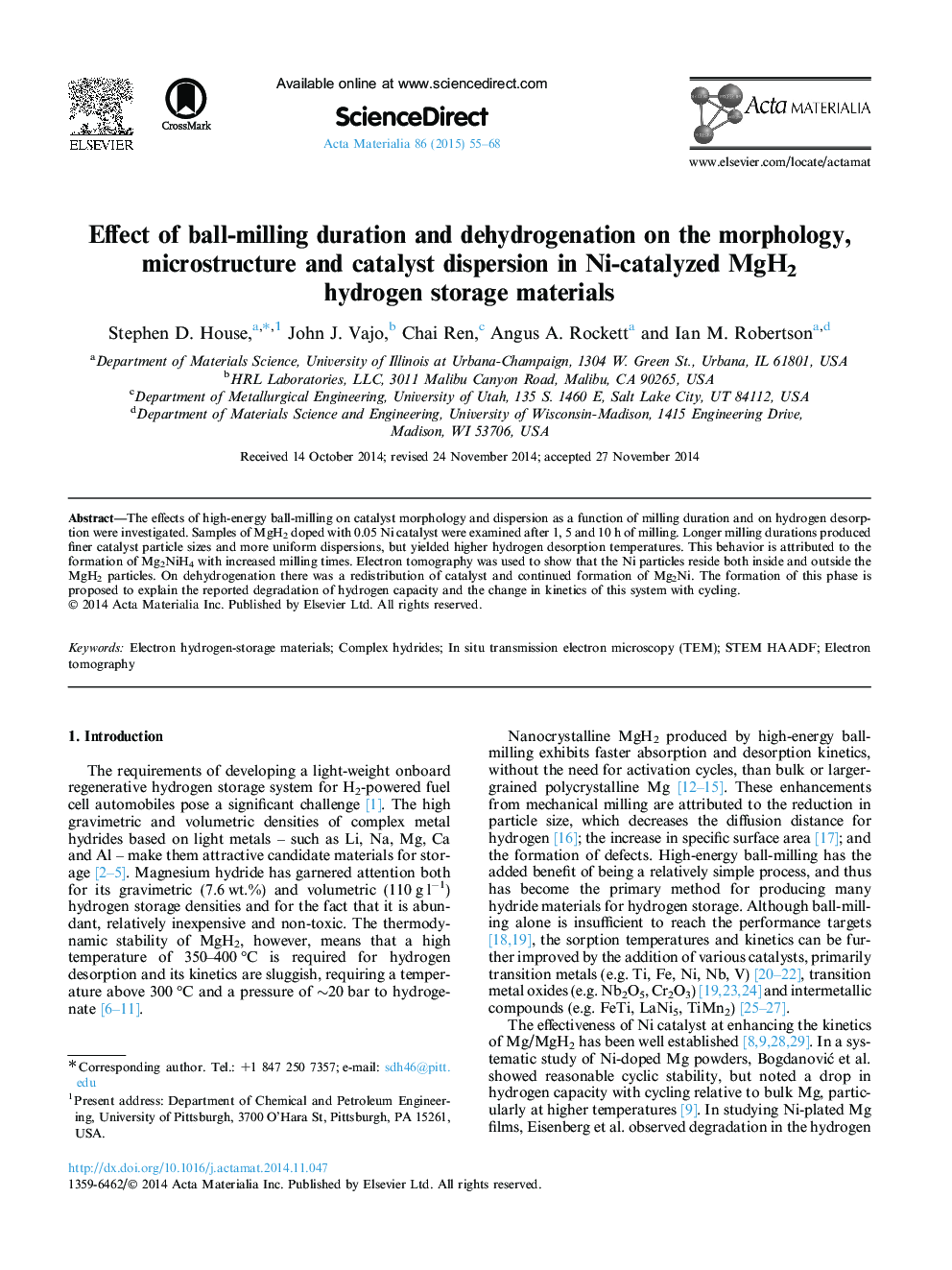 Effect of ball-milling duration and dehydrogenation on the morphology, microstructure and catalyst dispersion in Ni-catalyzed MgH2 hydrogen storage materials