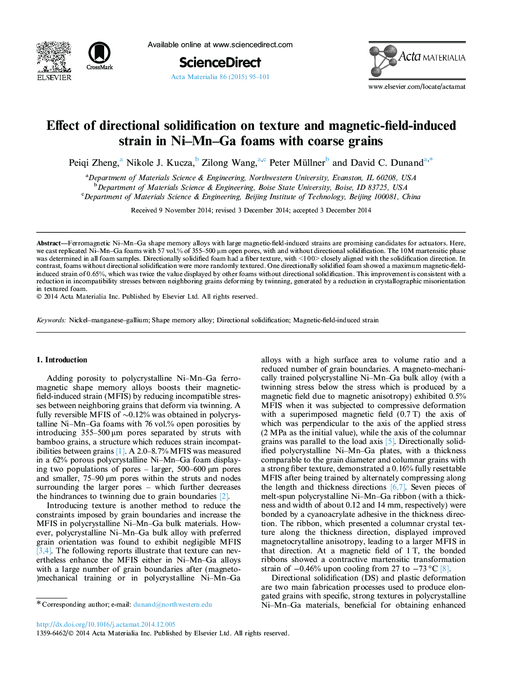 Effect of directional solidification on texture and magnetic-field-induced strain in Ni-Mn-Ga foams with coarse grains