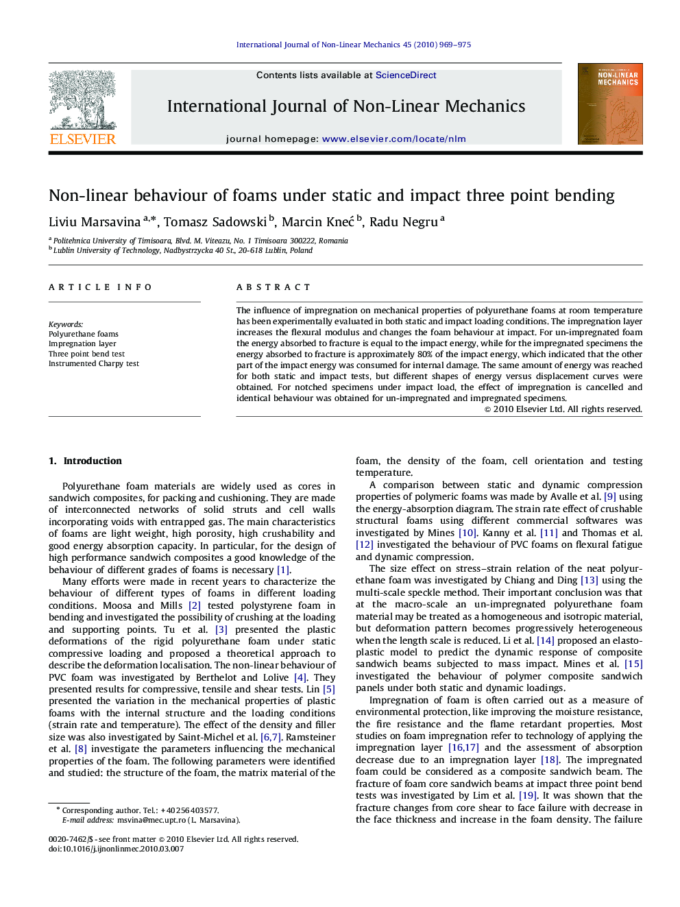 Non-linear behaviour of foams under static and impact three point bending