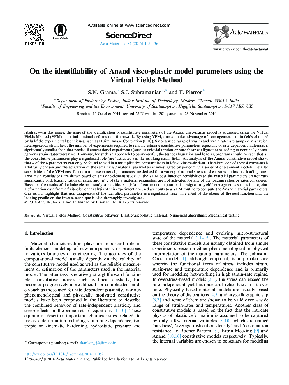 On the identifiability of Anand visco-plastic model parameters using the Virtual Fields Method