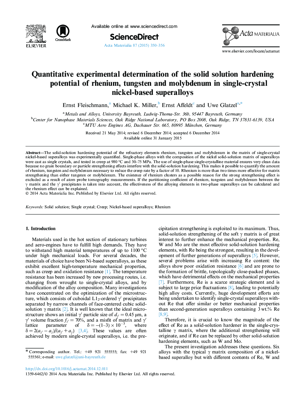 Quantitative experimental determination of the solid solution hardening potential of rhenium, tungsten and molybdenum in single-crystal nickel-based superalloys