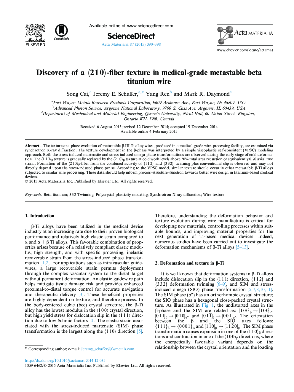 Discovery of a ã2Â 1Â 0ã-fiber texture in medical-grade metastable beta titanium wire