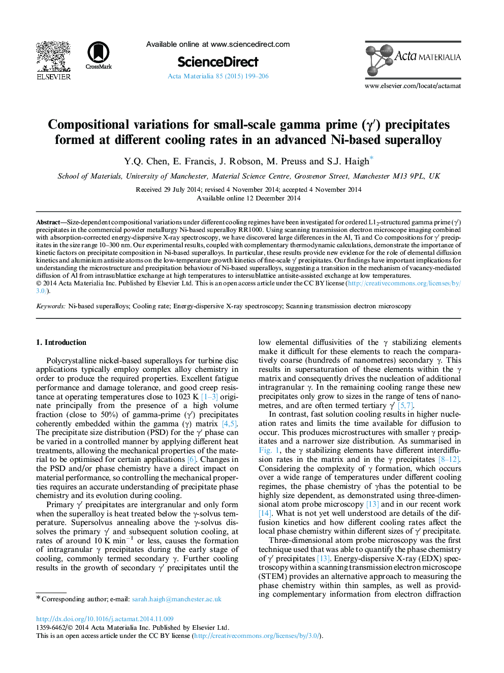 Compositional variations for small-scale gamma prime (Î³â²) precipitates formed at different cooling rates in an advanced Ni-based superalloy