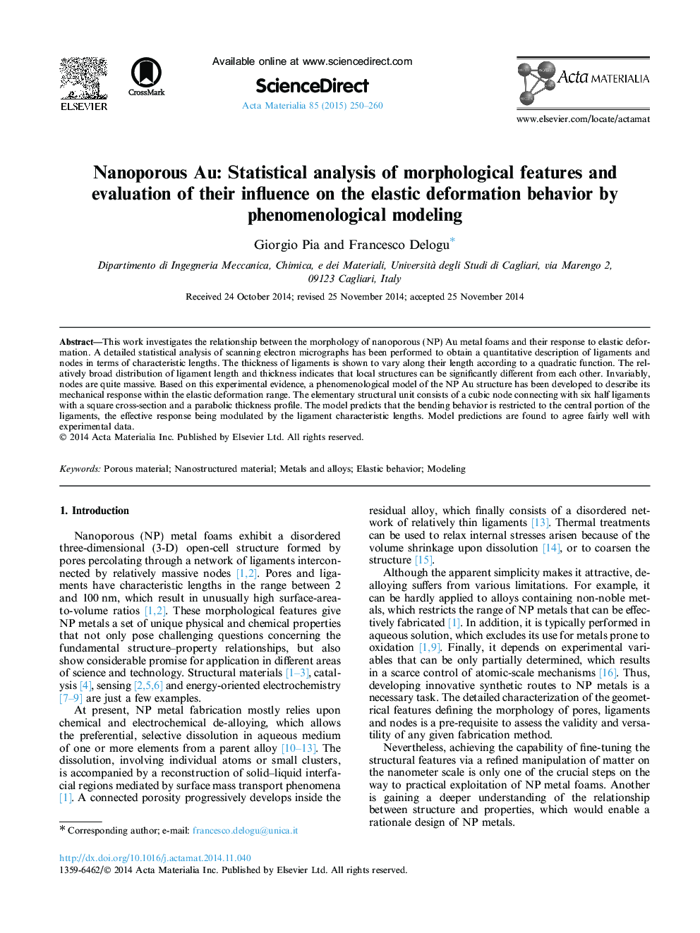 Nanoporous Au: Statistical analysis of morphological features and evaluation of their influence on the elastic deformation behavior by phenomenological modeling