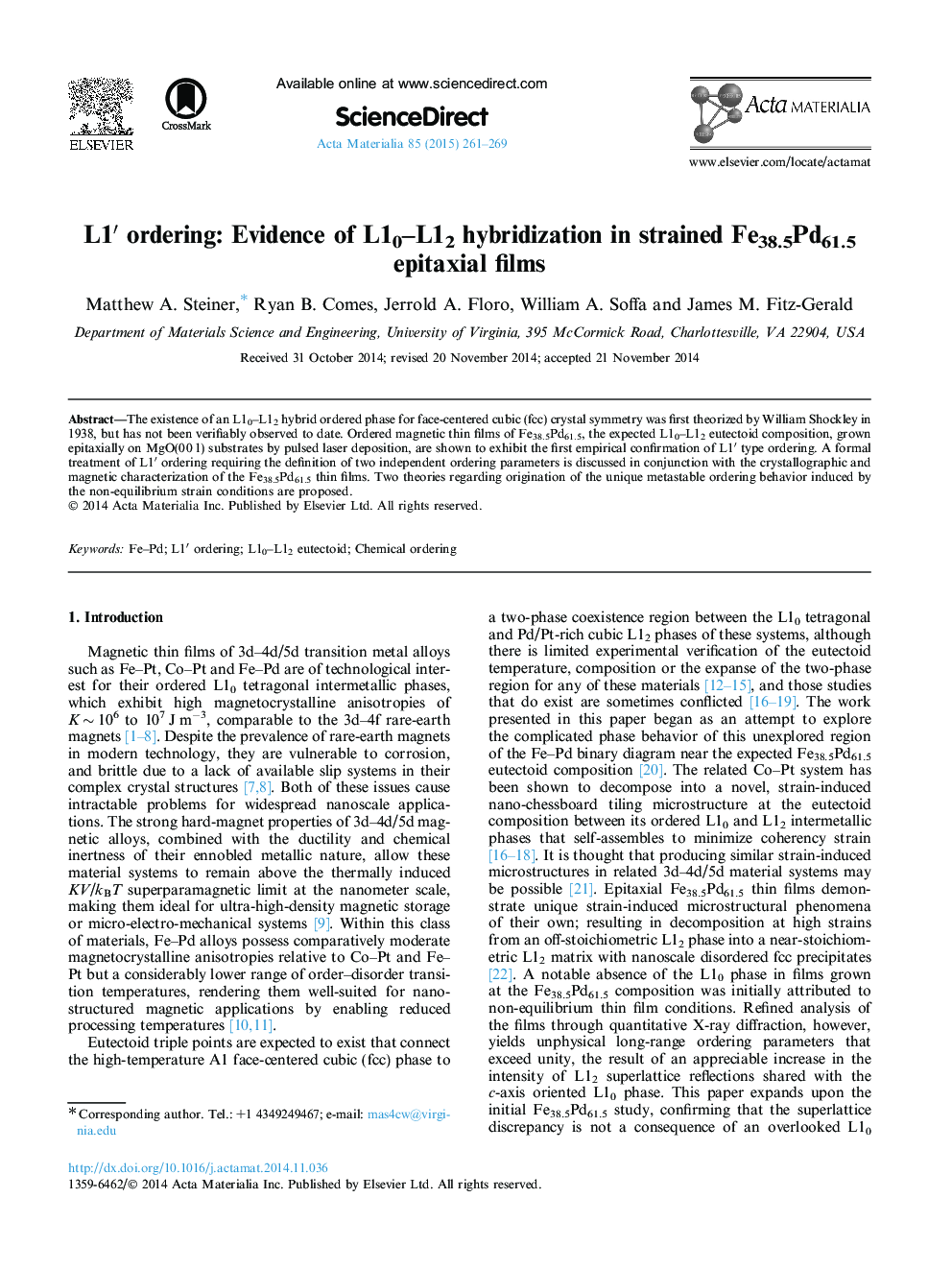 L1â² ordering: Evidence of L10-L12 hybridization in strained Fe38.5Pd61.5 epitaxial films