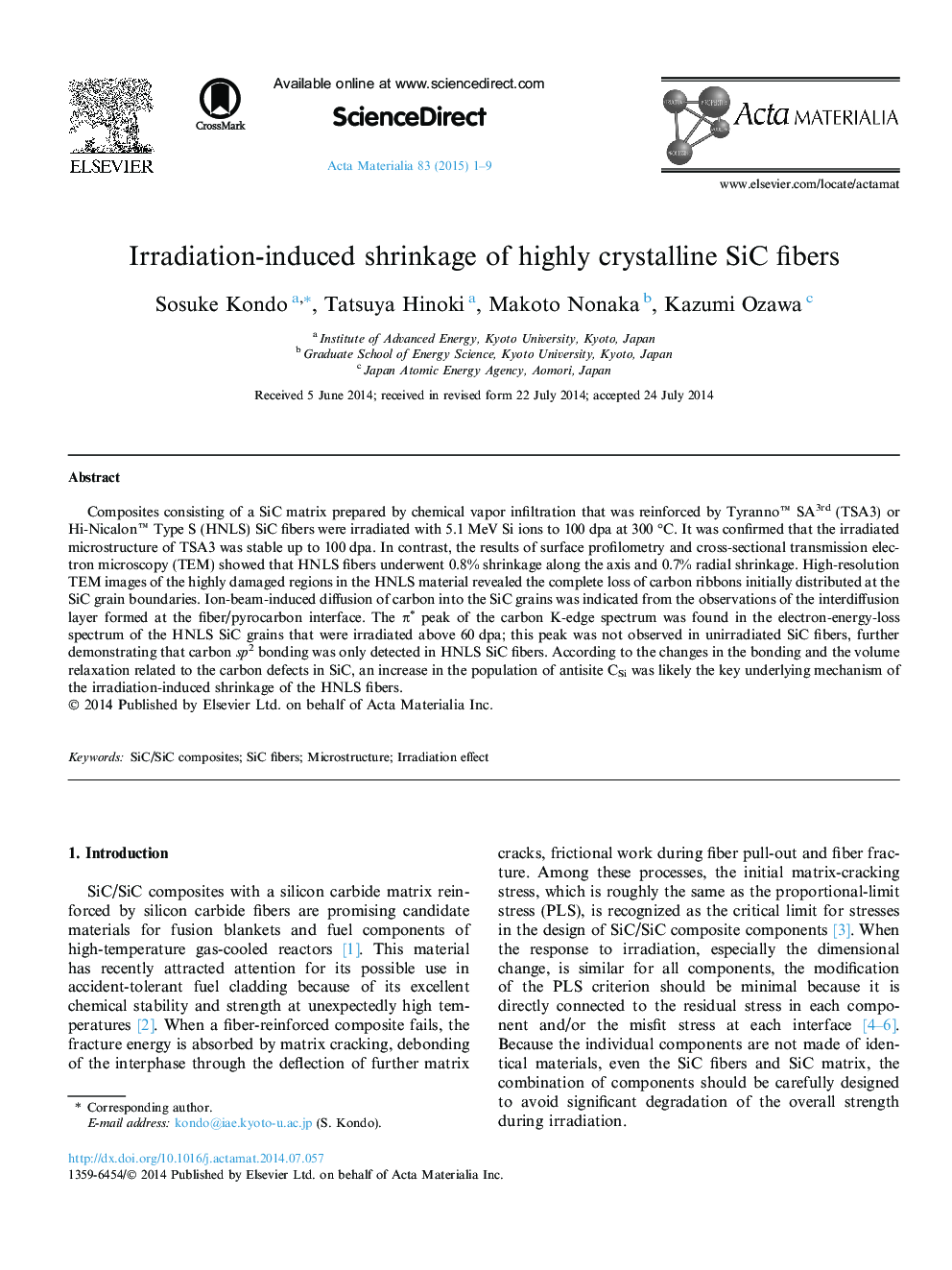 Irradiation-induced shrinkage of highly crystalline SiC fibers